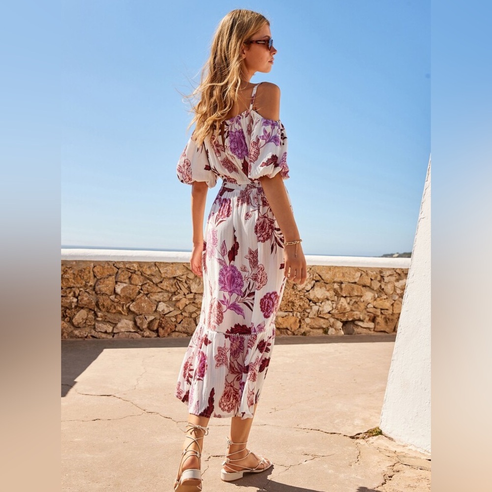 NWOT. NEXT UK White/Pink/Purple Floral Off Shoulder Summer Dress. Size 8.